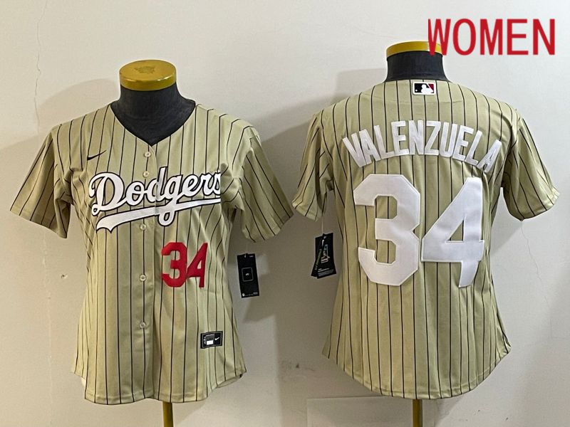 Women Los Angeles Dodgers #34 Valenzuela Green Stripe Game 2024 Nike MLB Jersey style 4->women mlb jersey->Women Jersey